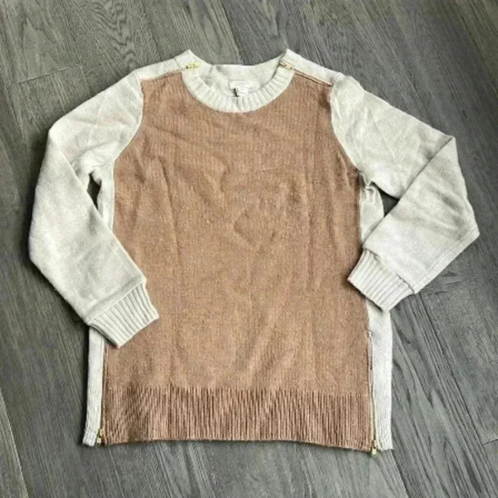 J.CREW | Brown And  Cream Merino Wool Blend Crew Neck Sweater With Gold Zippers